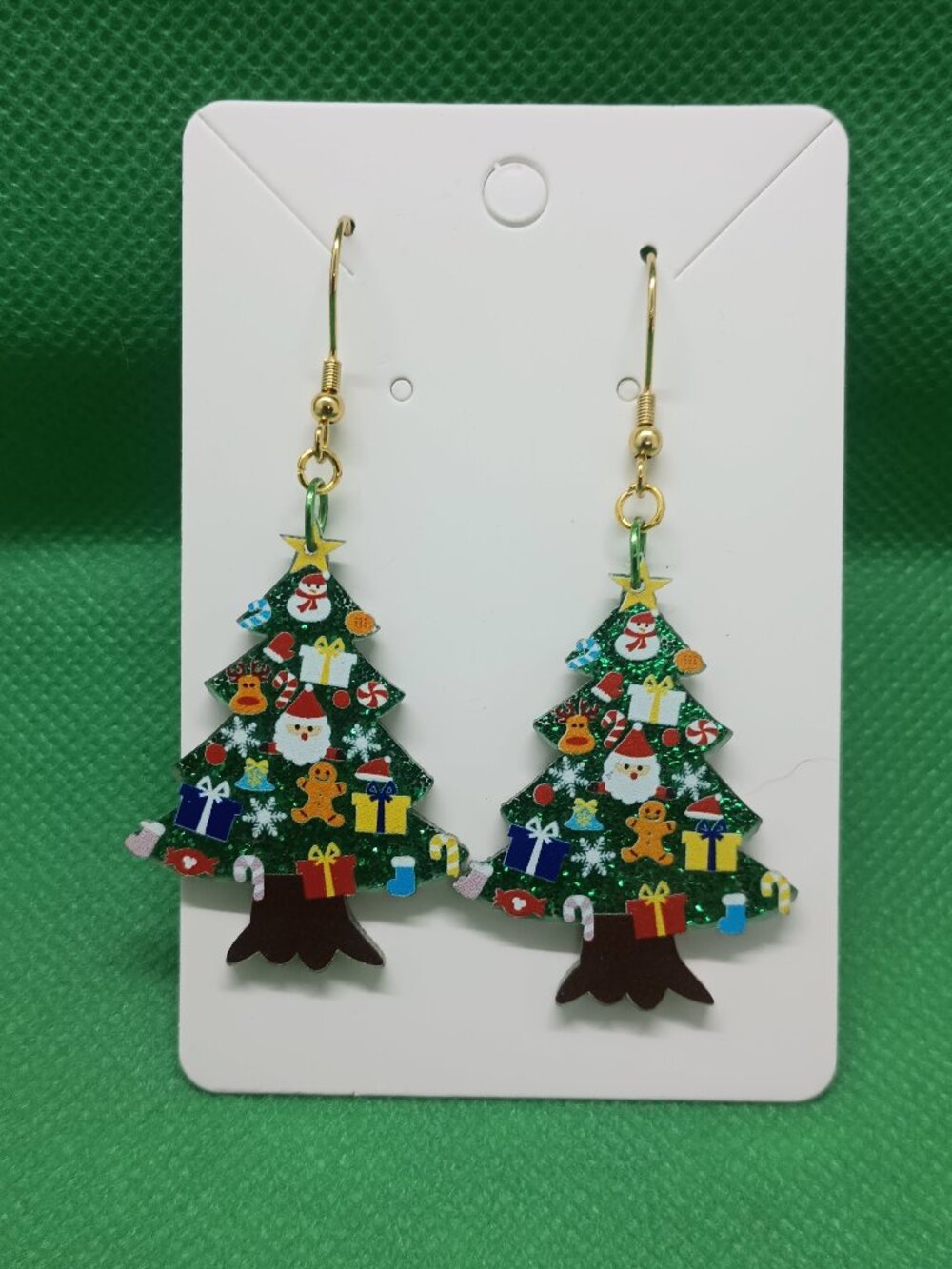 Green Glitter Christmas Tree Earrings
